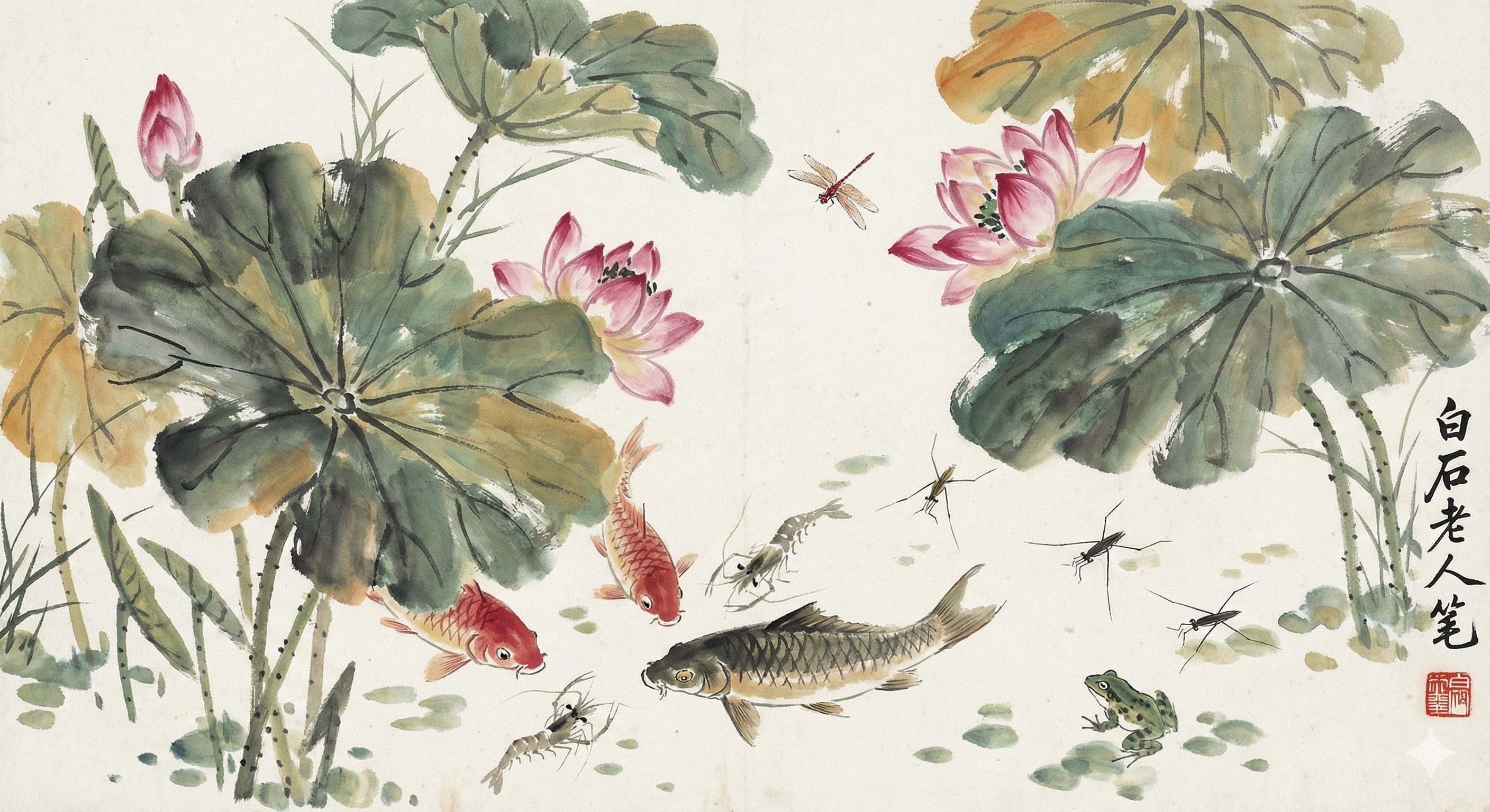 Figure 1: Hồ cá, phong cách màu nước của Tề Bạch Thạch